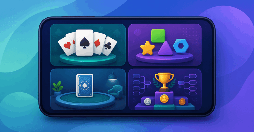 Mobile interface showing card, casual, practice, and tournament format categories with icons for rounds, scoring, timers, and participant limits.