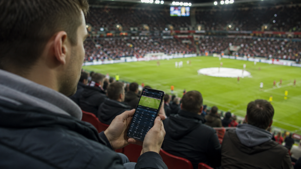 hands holding smartphone on football field background